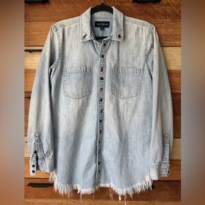 Lucky Brand Womens M denim Shirt embroidered Bugs Cotton Button Up Light Wash
